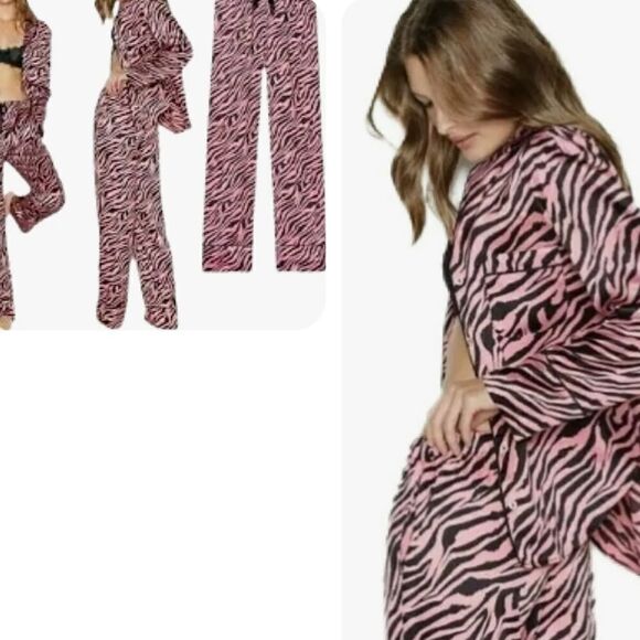 Victorias Secret Animal print SATIN button down top & bottoms pant pajama set XL - Picture 6 of 6